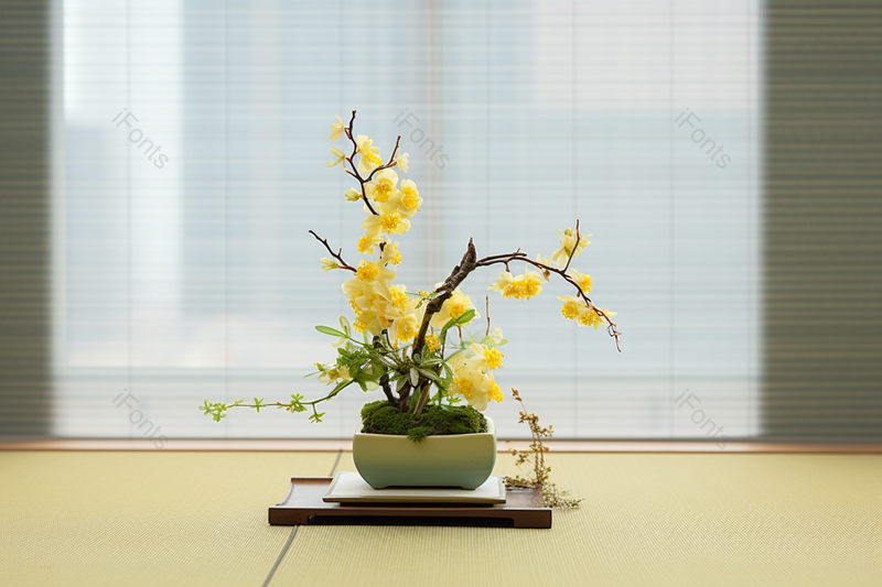 清新淡雅的日系插花花盆放在塌塌米上方,高清,摄影图,摄影图片,图片大全,摄影图免费下载